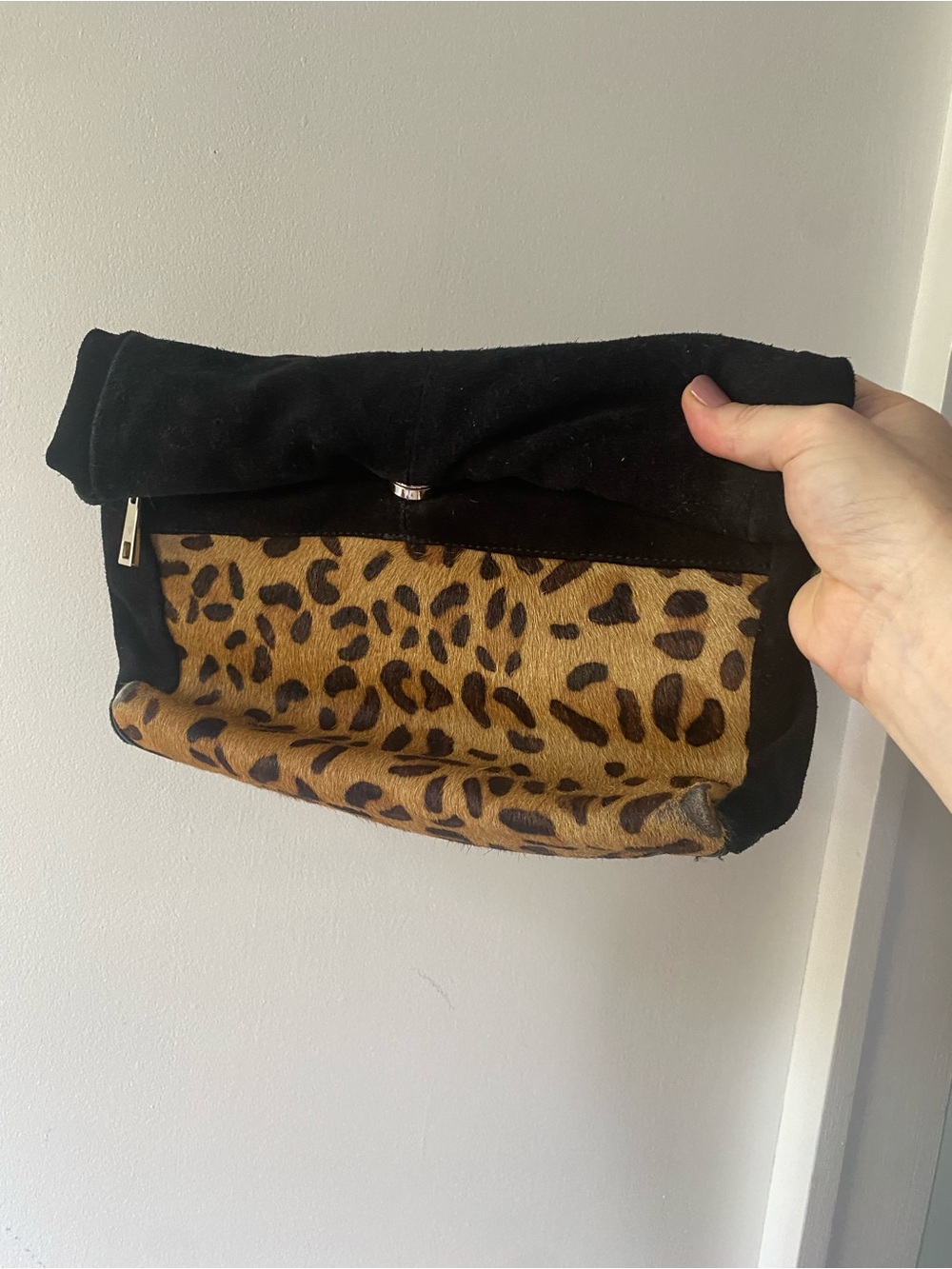 Black Suede Leather Clutch with Leopard Print Panel Topshop